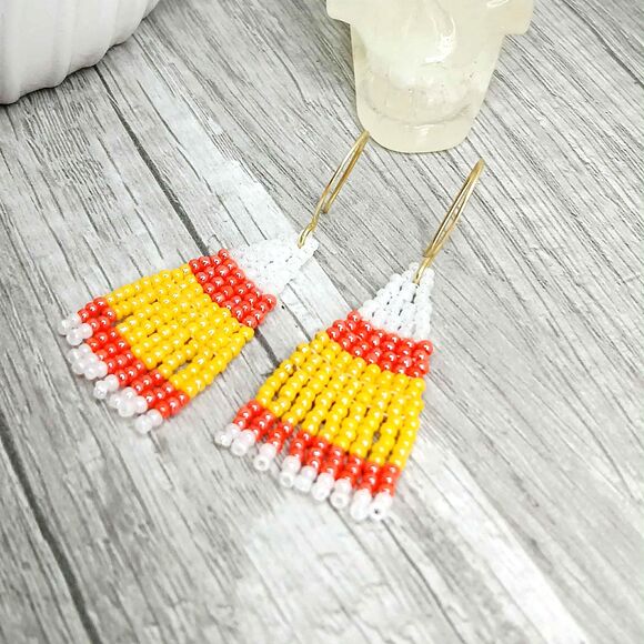 Candy Corn Beaded Fringe Cascade Shoulder Duster Dangle Earrings, 2" - Picture 3 of 5